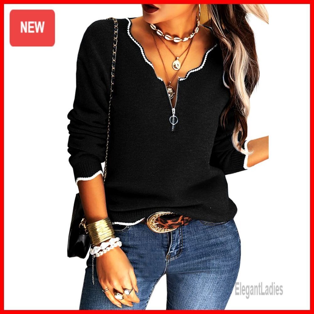 V-Neck Half Zip Long Sleeve Pullover Sweater Cricket Stripe Knit Top